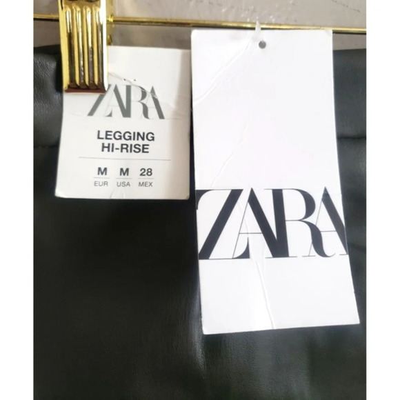 Zara Faux Leather Leggings Women's Medium Green  High Rise Ankle Zip Raw Hem - Picture 4 of 10